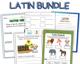 Latin Language Worksheet Bundle - Latin Vocabulary Practice, Latin Translation, Latin Homeschool, Latin Words animals, Latin Vocab Materials