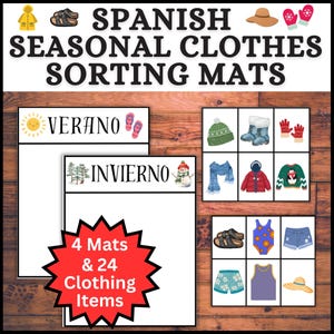 Peut inclure: Des planches de tri de vêtements saisonniers en espagnol. L'image montre des planches étiquetées "Verano" et "Invierno" avec des illustrations de vêtements correspondantes. Les planches sont conçues pour l'apprentissage et comprennent 4 planches et 24 articles vestimentaires.