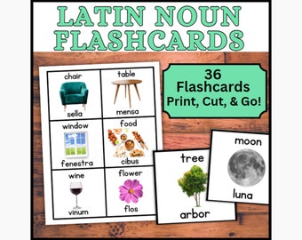 36 Latin Flashcards - Nouns Latin Language Vocabulary Words Flash Cards with Realistic Pictures for Visual Learners, Beginner Latin