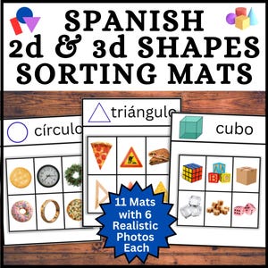 May include: Educational Spanish 2D and 3D shapes sorting mats. The image shows three white cards with shapes and objects, including a triangle, circle, and cube. The text on the image says "SPANISH 2d & 3d SHAPES SORTING MATS".