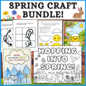 Könnte beinhalten: Ein farbenfrohes Frühlingsbastelpaket mit dem Text "SPRING CRAFT BUNDLE!". Enthält Malvorlagen, Zeichenaktivitäten und eine Ausschneide- und Klebe-Küken-Bastelarbeit. Mit Bildern von Hasen, Küken, Blumen und "HOPPING INTO SPRING!"