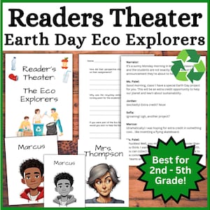 Puede incluir: Materiales educativos con temática del Día de la Tierra. La imagen presenta un conjunto de "Readers Theater" con el título "Earth Day Eco Explorers". Incluye tarjetas de personajes, páginas de guion y una insignia "Best for 2nd - 5th Grade!"