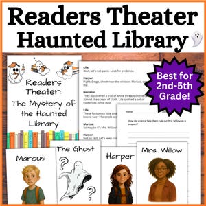 Può includere: Una risorsa educativa colorata intitolata "Readers Theater Haunted Library" con illustrazioni e testo. Il design include schede dei personaggi, estratti di sceneggiatura e un badge "Best for 2nd-5th Grade!". Il tema è un mistero di biblioteca infestata.