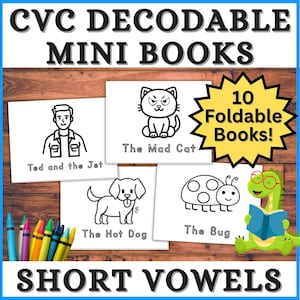 Printable CVC Words Decodable Reader Mini Books, Kindergarten Fluency Reading Sight Words, Homeschool Learn To Read Beginner Reader Passages
