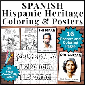 16 SPANISH Language Hispanic Heritage Month Posters and Coloring Pages, Collaborative Poster Craft, Inspirational Bulletin Board Portraits