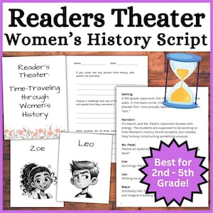 Puede incluir: Un conjunto de materiales impresos para un "Guion de teatro de lectores sobre la historia de las mujeres" para estudiantes de 2º a 5º grado. El guion incluye tarjetas de personajes para Zoe y Leo, y una escena con una ilustración de reloj de arena.
