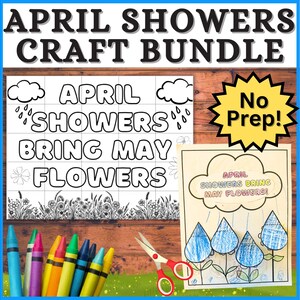 Könnte beinhalten: Ein Bastelset mit dem Text "April Showers Craft Bundle". Es enthält Malvorlagen mit den Sätzen "April Showers Bring May Flowers" und "No Prep!" sowie Buntstifte und eine Schere.