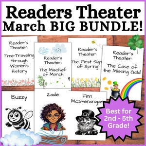 Op de afbeelding: Een verzameling educatief materiaal getiteld "Readers Theater March BIG BUNDLE!" met verschillende thema's. Bevat illustraties van een bij, een meisje, een leprechaun en de tekst "Best for 2nd - 5th Grade!"