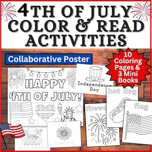 May include: A 4th of July colour and read activity set featuring a collaborative poster with fireworks, a flag, and the Statue of Liberty. Includes 10 colouring pages and 3 mini books with text like Happy 4th of July, Independence Day, hot dog, and flag.