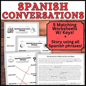 Spanish Conversation Phrases 5 Matching Spanish Greetings Worksheets with Keys and Story Elementary Spanish English to Spanish Bilingual Kid