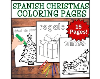 May include: Black and white coloring pages featuring Christmas-themed illustrations with Spanish vocabulary words like "arbol de Navi", "regalo", and "trineo". There are 15 pages in total.