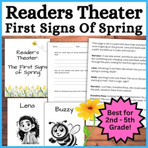 Puede incluir: Un conjunto de materiales educativos titulados "Readers Theater First Signs Of Spring". Los materiales incluyen hojas de trabajo, ilustraciones de personajes y un guion. También es visible el texto "Best for 2nd - 5th Grade!"