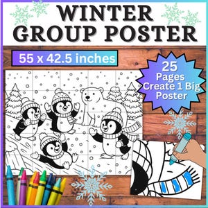 May include: A winter group poster featuring a black and white illustration of penguins and a polar bear. The poster measures 140 x 108 cm and is made up of 25 pages to create one large poster. Crayons are visible at the bottom.