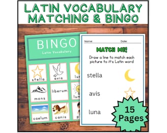 Latin Language Vocabulary Bingo Game & 15 Matching Words to Pictures Worksheets, Latin Worksheets, Elementary Latin, Latin Resources