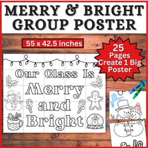 Könnte beinhalten: Schwarzweißes druckbares Weihnachtsposter mit dem Text "Our Class Is Merry and Bright". Das Poster ist in 25 Quadrate unterteilt, jedes mit einem anderen weihnachtlichen Bild. Das Poster ist 140 cm x 108 cm groß.