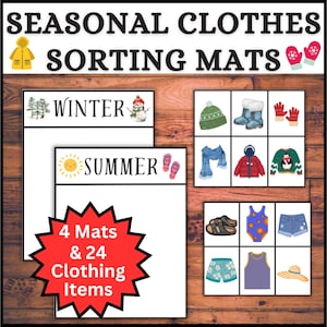 May include: Seasonal clothes sorting mats with winter and summer themes. The image includes illustrations of clothing items like hats, boots, scarves, shorts, and swimwear. The text reads "4 Mats & 24 Clothing Items".