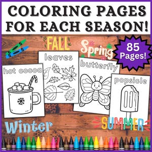 May include: A collection of coloring pages for each season, featuring images of hot cocoa, leaves, a butterfly, and a popsicle. The text reads "COLORING PAGES FOR EACH SEASON!" and "85 Pages!" with crayons at the bottom.