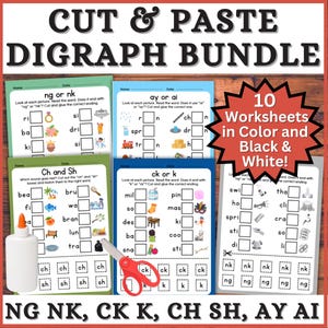 May include: A bundle of educational worksheets with the title "CUT & PASTE DIGRAPH BUNDLE". The image shows 10 worksheets in color and black and white, along with a bottle of glue and red scissors. The worksheets focus on digraphs.