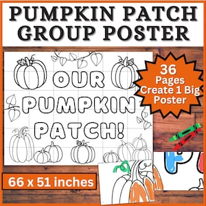 Puede incluir: Un póster de grupo de calabazas en blanco y negro con el texto "PUMPKIN PATCH GROUP POSTER" en la parte superior. El póster mide 168 x 130 cm e incluye el texto "OUR PUMPKIN PATCH!" y "36 Pages Create 1 Big Poster".