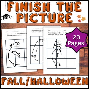 May include: A set of 20 printable worksheets for kids to complete the picture by drawing the missing parts of the image. The images include a cauldron, a sweater, and an owl. The worksheets are perfect for fall or Halloween activities.