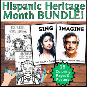 16 Hispanic Heritage Month Posters and Coloring Pages, Inspirational Bulletin Board Portraits, Famous Latino People, Back to School Decor