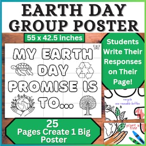 Könnte beinhalten: Schwarz-weißes druckbares Plakat zum Tag der Erde mit dem Text "My Earth Day Promise Is To..." und Platz für die Schüler, ihre Antworten zu schreiben. Das Plakat ist 140 cm x 108 cm groß und kann aus 25 Seiten zusammengesetzt werden.