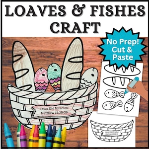 May include: A Loaves & Fishes craft activity featuring a basket filled with colored drawings of bread and fish. The basket includes the text 'Jesus Did Miracles! Matthew 15:29-39'. Includes a 'No Prep! Cut & Paste' sheet and colorful crayons.