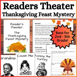 Puede incluir: Un recurso educativo con temática de Acción de Gracias titulado "Readers Theater: The Thanksgiving Feast Mystery". La imagen presenta ilustraciones de personajes, texto y un pavo asado. Una estrella roja dice "Best for 2nd - 5th Grade!"
