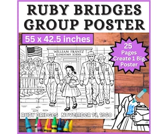 Ruby Bridges-samenwerkingsposter, Black History Month, Women's History Month Art Project februari maart kleurplaat prikbord prikbord