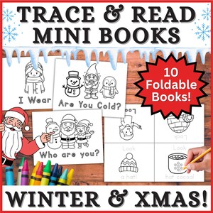 Op de afbeelding: Een verzameling mini-boeken met een winterthema met de tekst "TRACE & READ MINI BOOKS". De afbeelding bevat illustraties van sneeuwmannen, pinguïns en de kerstman. De tekst "WINTER & XMAS!" is ook zichtbaar.