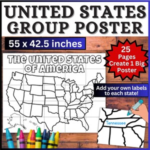 May include: A United States group poster measuring 55 x 42.5 inches, consisting of 25 pages to create one large map. The black and white outline map features the text The United States of America and allows for adding labels to each state.