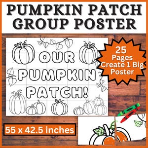 Puede incluir: Un póster imprimible en blanco y negro con un patrón de cuadrícula. El póster dice "Our Pumpkin Patch!" con una vid de hojas y calabazas. El póster mide 55 x 42,5 pulgadas y está diseñado para ser ensamblado a partir de 25 páginas individuales.