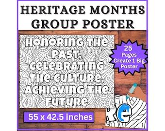 Può includere: Un poster in bianco e nero con il testo "HERITAGE MONTHS GROUP POSTER". Il poster include le frasi "HONORING THE PAST, CELEBRATING THE CULTURE, ACHIEVING THE FUTURE". Misura 139,7 x 107,95 cm.