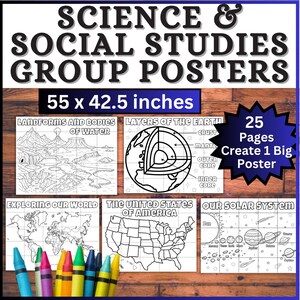 May include: A set of Science and Social Studies group posters measuring 55 x 42.5 inches. The collection includes 25 pages to create one large poster, featuring black and white line art of landforms, Earth layers, world maps, the USA, and the solar system.