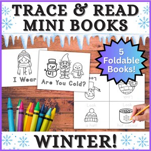 Op de afbeelding: Een verzameling winter-thema mini-boeken met de tekst "Trace & Read Mini Books". De afbeelding toont vijf opvouwbare boeken met illustraties en tekst, samen met een set kleurpotloden. De tekst "Winter!" is ook zichtbaar.