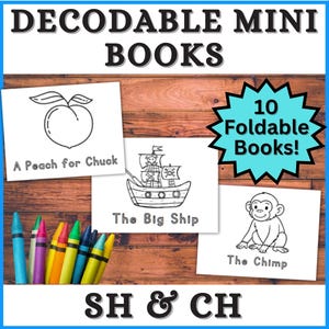May include: A collection of ten foldable mini books for early readers, featuring illustrations of a peach, a ship, and a chimp. The books are designed to help children learn the "SH" and "CH" sounds. Colorful crayons are included.