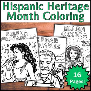 May include: Black and white colouring pages featuring Hispanic Heritage Month figures, including Selena Quintanilla, Cesar Chavez, and Ellen Ochoa. The pages are part of a 16-page colouring book.