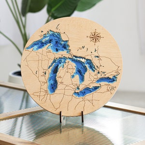 Carte en bois des Grands Lacs Cadeau d'art mural 3D des Grands Lacs