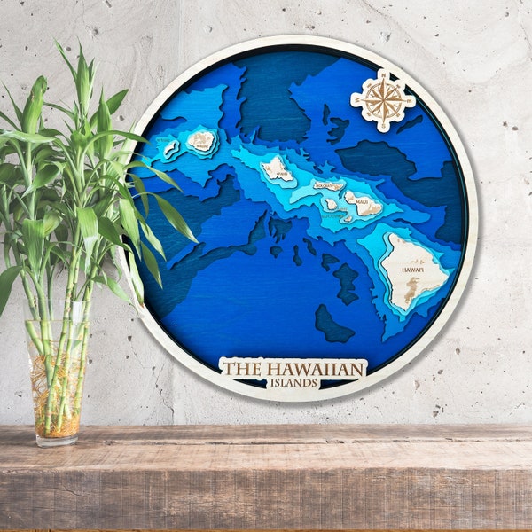 Wooden 3D Hawaii Map Relief Topography Depth Layered Map - Any Location Available