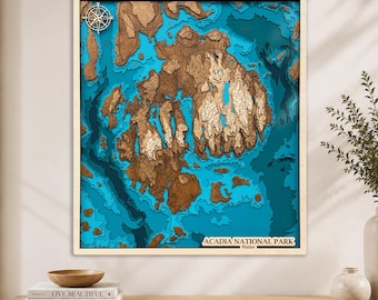 3D Acadia National Park Wooden Topographic Map: Maine Coastline Wall Art