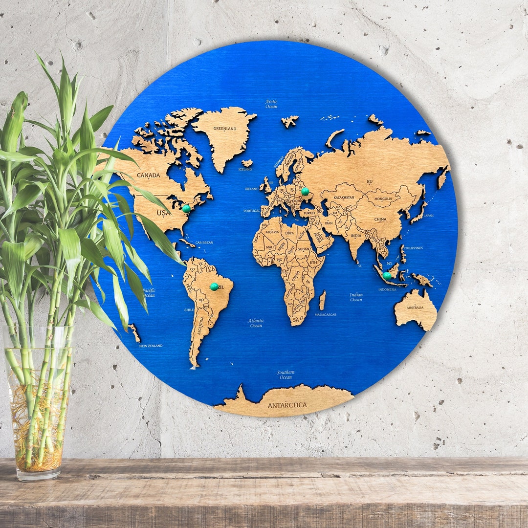 World Map Push Pin Wooden World Map Wall Decor Etsy