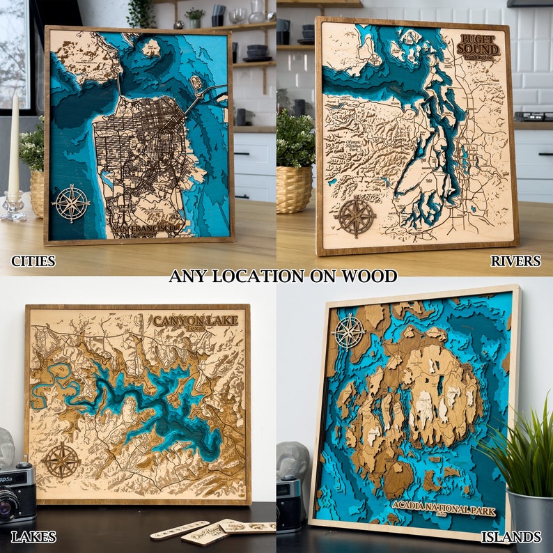 Custom Map Gift Engraved on Wood Map Personalized Gifts Map Print Lake House Decor Wood Wall Art Lake Signs on Wood Wall Decor image 5