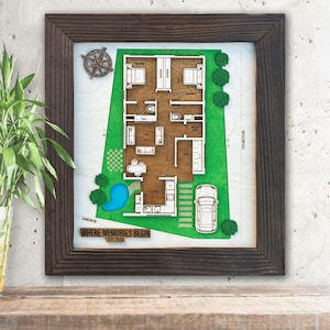May include: A framed wooden house plan with a green yard, a blue pool, and a white car. The house plan is brown with white outlines. The frame is dark brown, and the text "WHERE MEMORIES BEGIN EST. 2020" is visible.