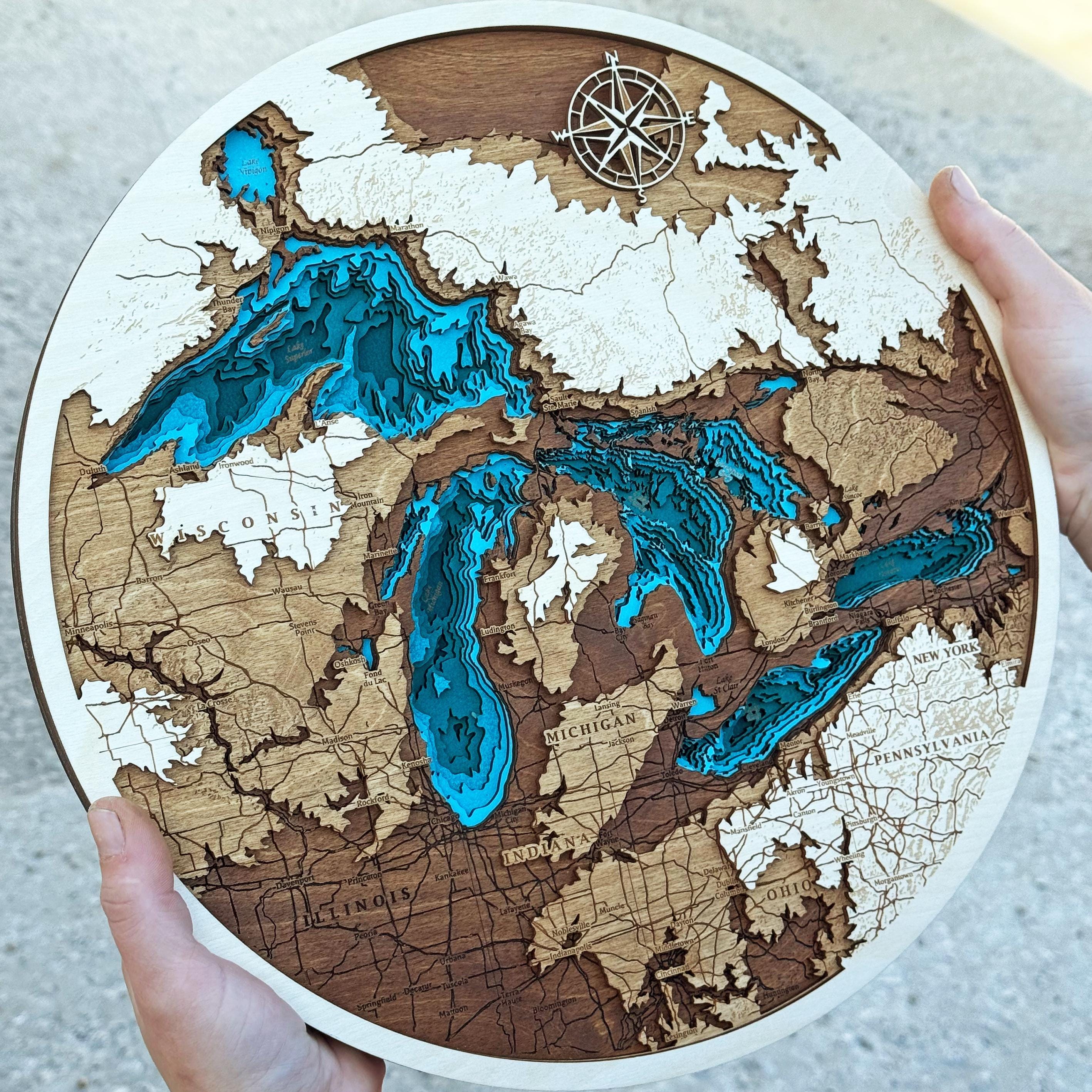 3D Wooden Great Lakes Map: Custom Depth Map Wall Art - Etsy