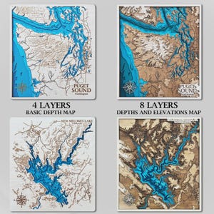 May include: Four wooden depth maps of Puget Sound, Washington, and New Melones Lake, California, and two elevation maps of Puget Sound and Calaveras County, CA. The maps feature blue water and detailed land features, with text indicating the number of layers and map type.