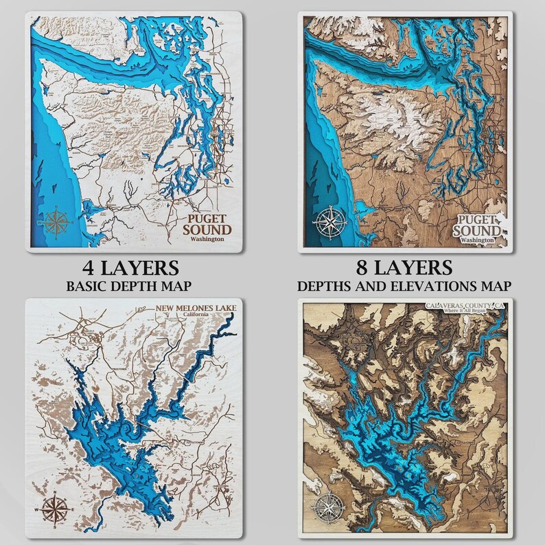 May include: Four wooden depth maps of Puget Sound, Washington, and New Melones Lake, California, and two elevation maps of Puget Sound and Calaveras County, CA. The maps feature blue water and detailed land features, with text indicating the number of layers and map type.