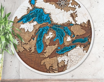 3D Wooden Great Lakes Map: Custom Depth Map Wall Art