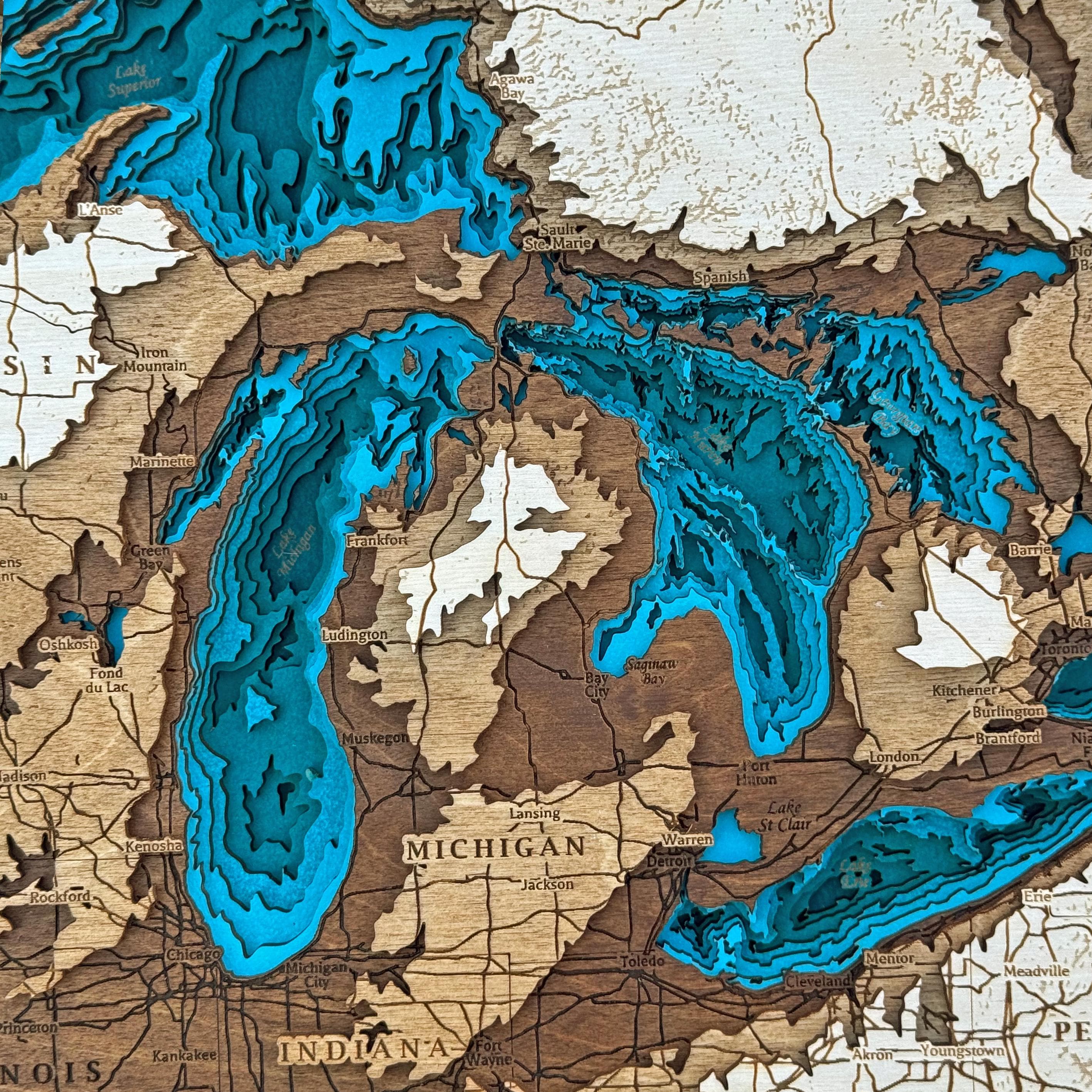 3D Wooden Great Lakes Map: Custom Depth Map Wall Art - Etsy