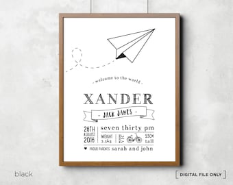 Aeroplane Birth Print Birth Announcement Baby Birth Stats Nursery Wall Art Bedroom Wall Art Digital File Download Printable Template