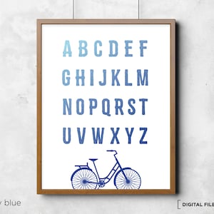 Cuadro con el alfabeto de la bicicleta Cuadro con el alfabeto Póster con el alfabeto ABC Arte de pared para habitación de niños Impresión digital Alfabeto para niños Descargar plantilla imprimible Corjl